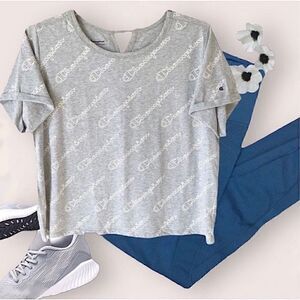 Champion Repeat Logo Heather Gray Roll Sleeve Crop Top Tee Sz 2X